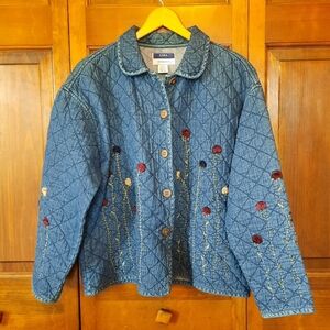 Vintage 90s Sara Studio Cotton Denim Floral Embroidered Quilted Jacket Size M